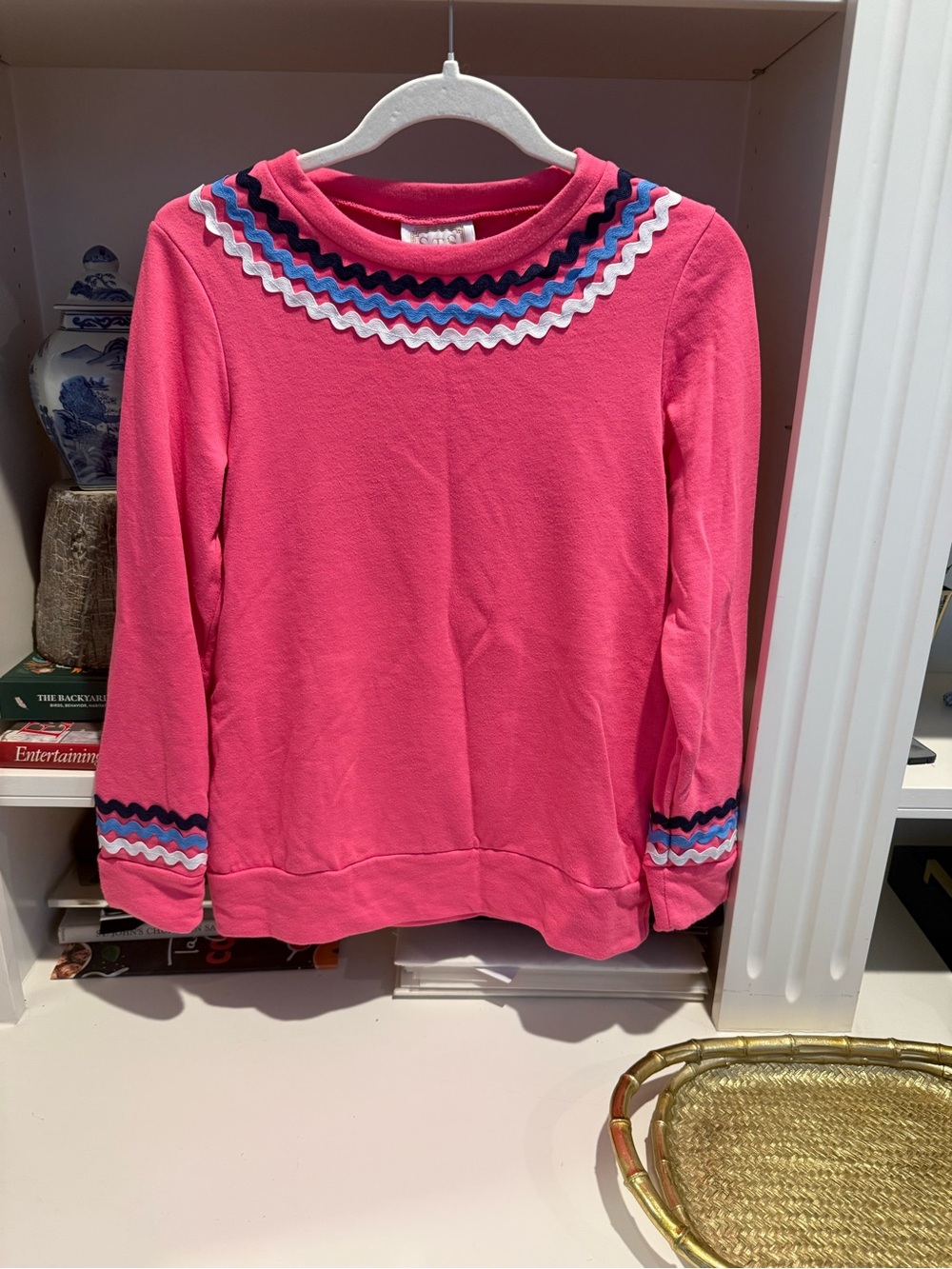 Girls' Bright Pink Crewneck Sweater with Multi-Color Rickrack Trim